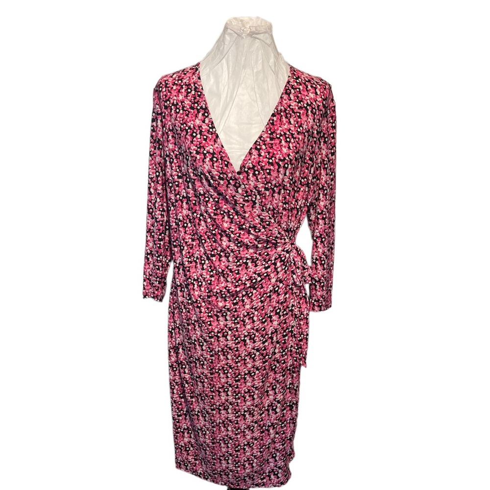 - - - Black Label wrap dress pink &white polka dots V-neck long sleeves Si…
